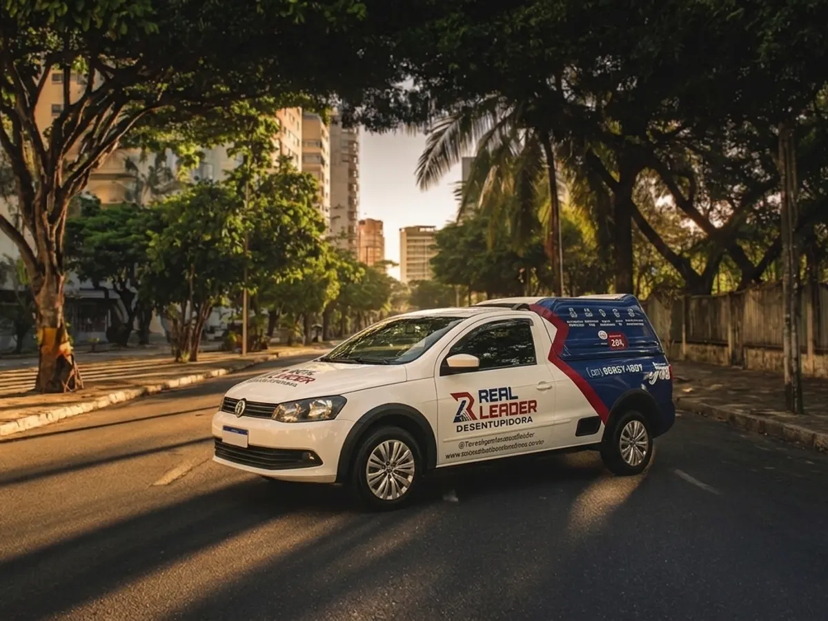 Carro da Real Leader Desentupidora em avenida arborizada do Rio de Janeiro